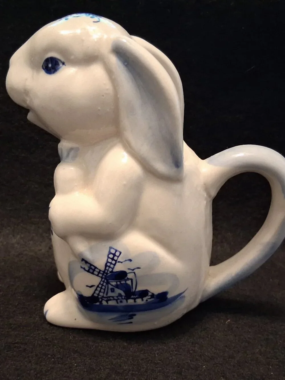 Vintage Delft Blue & White Bunny Rabbit Creamer Figurine w/Dutch Windmill Image - Picture 5 of 10